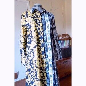 Gold Black Floral medusa letter Renaissance asymmetric print belted shirtdress L